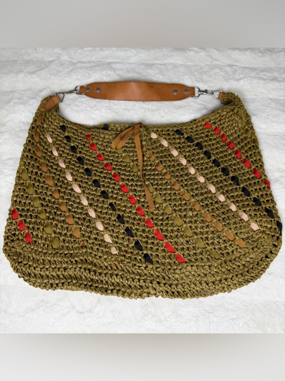 J. Crew Women’s Woven Straw And Ribbon Accent Slouchy Shoulder Boho Bag One Size